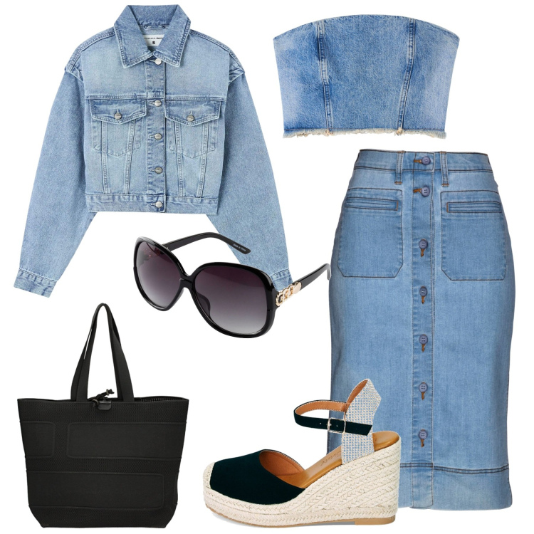 Outfit donna - Total denim. Stile Casual chic per Tutti i giorni. Abbinamento con gonne, occhiali da sole, top, blazer, zeppe, borse a mano.