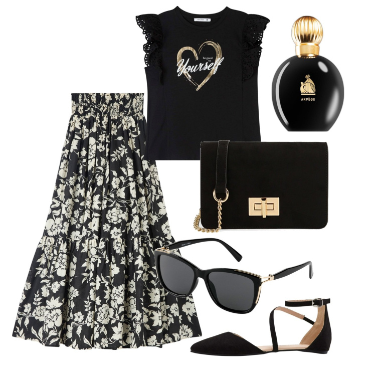 Outfit donna - Tracolla da città. Stile Trendy per Tutti i giorni. Abbinamento con occhiali da sole, ballerine, profumi, gonne lunghe, t-shirt, borse a tracolla.
