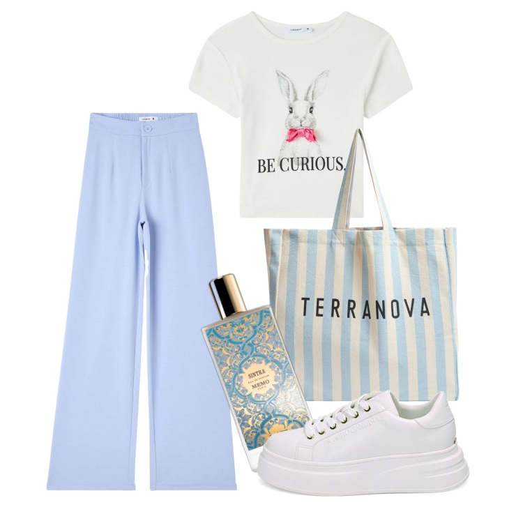 Outfit donna - Pomeriggio in centro. Stile Basic per Tutti i giorni. Abbinamento con profumi, pantaloni, t-shirt, borse tote, sneakers.