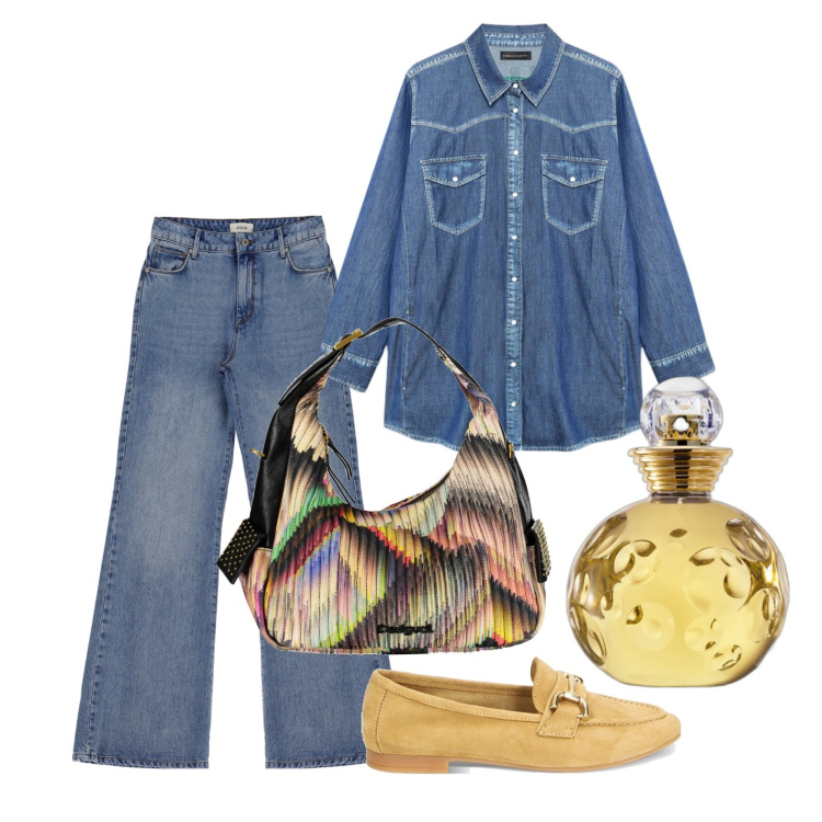 Outfit donna - Total denim in the city. Stile Casual per Tutti i giorni. Abbinamento con profumi, mocassini, jeans, borse a spalla, camicie.