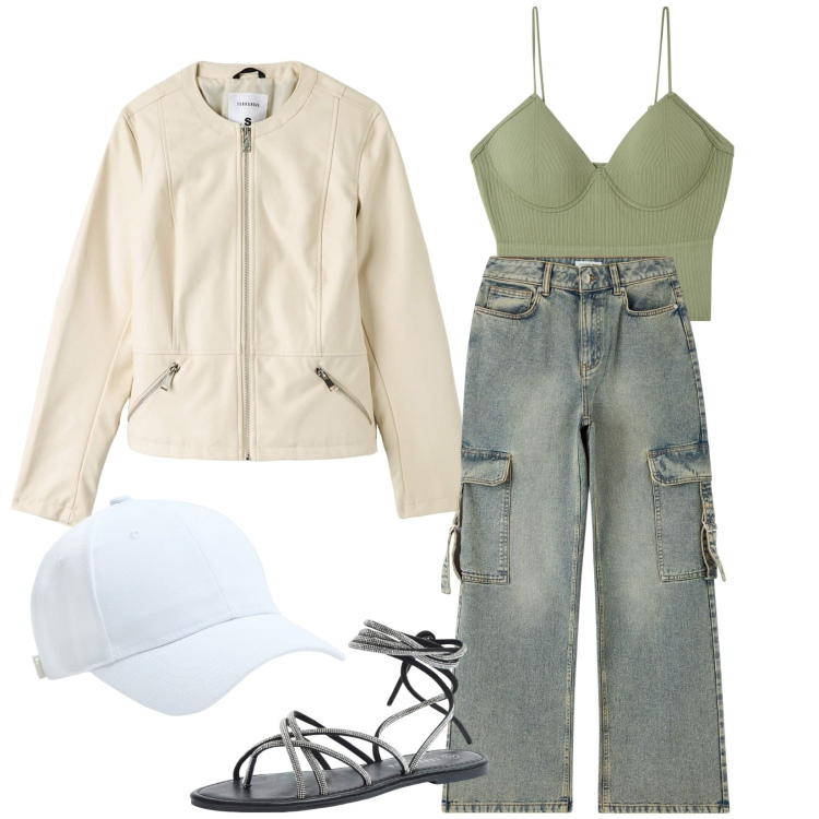 Outfit donna - Giornate di caldo. Stile Casual per Tutti i giorni. Abbinamento con sandali alla schiava, cappelli, blazer, top, jeans.