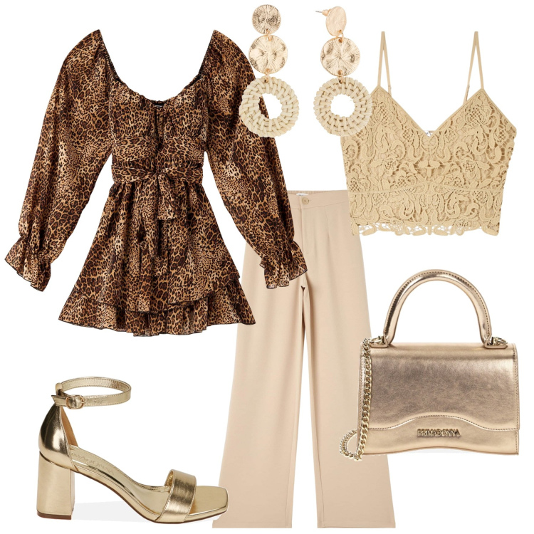 Outfit donna - Animalier chic. Stile Chic per Serata fuori. Abbinamento con orecchini, pantaloni, top, vestiti, sandali col tacco, borse a mano.