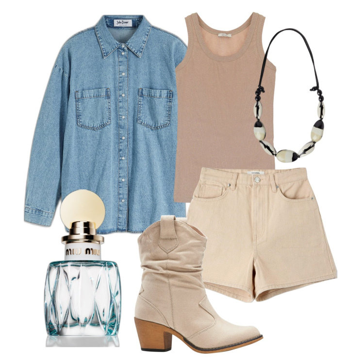 Outfit donna - Con la camicia aperta. Stile Casual chic per Tutti i giorni. Abbinamento con camicie, stivaletti texani, profumi, top, shorts, collane.