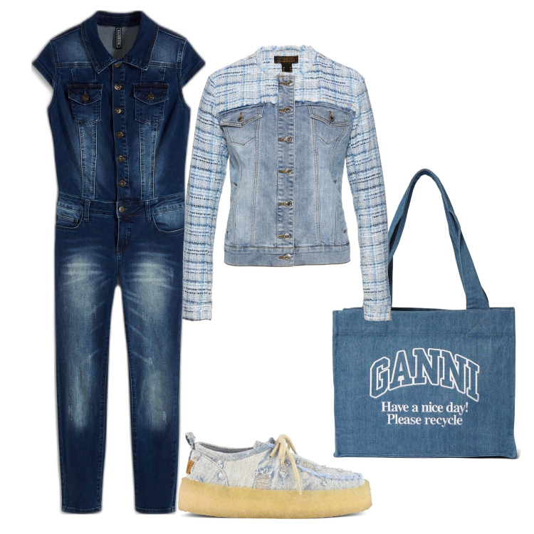 Outfit donna - Total denim & mix. Stile Casual chic per Tutti i giorni. Abbinamento con blazer, tute, mocassini, shopping bag.