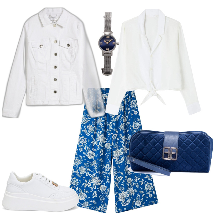 Outfit donna - Week end al mare casual chic. Stile Casual chic per Mare. Abbinamento con orologi, blazer, pantaloni a palazzo, camicie, pochette, sneakers.