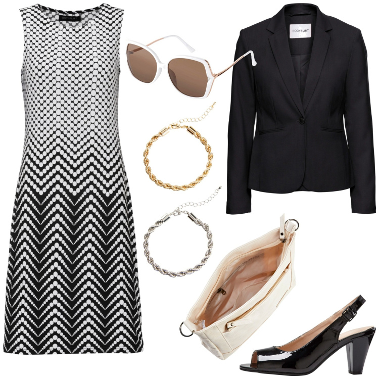 Outfit donna - Bonprix Cerimonia in aprile. Stile Bon Ton per Cerimonia. Abbinamento con blazer, vestiti, décolleté, borse a tracolla, braccialetti, occhiali da sole.