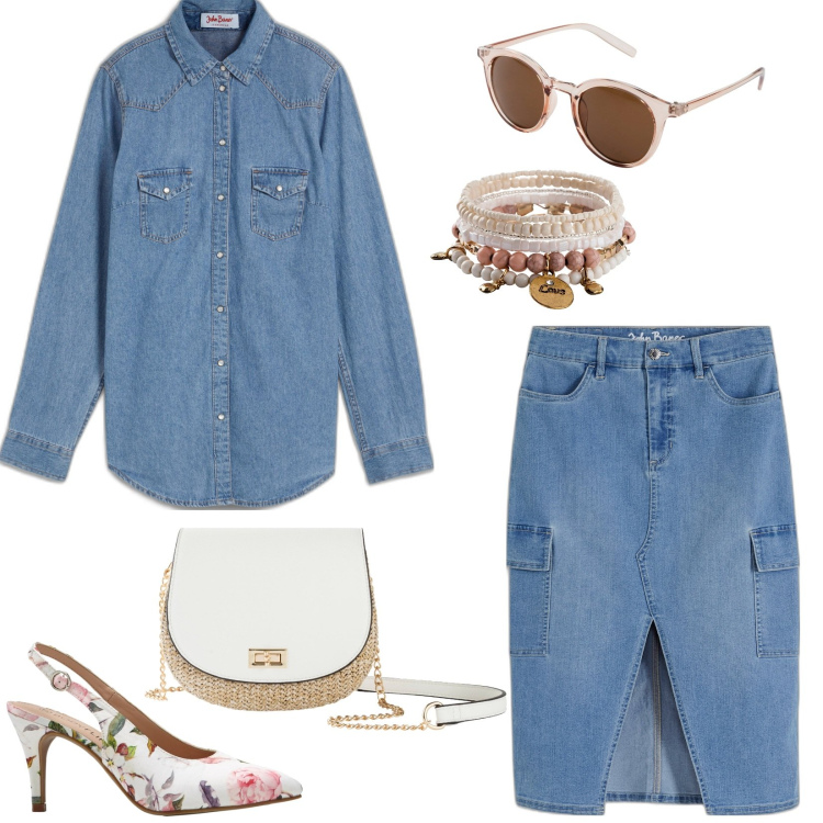 Outfit donna - Denim & denim. Stile Casual chic per Ufficio. Abbinamento con occhiali da sole, camicie, braccialetti, borse a tracolla, gonne, décolleté.