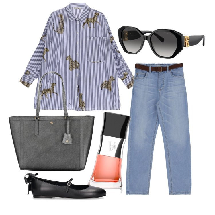 Outfit donna - La camicia esotica. Stile Casual per Tutti i giorni. Abbinamento con profumi, jeans slim fit, camicie, occhiali da sole, borse a spalla, ballerine.