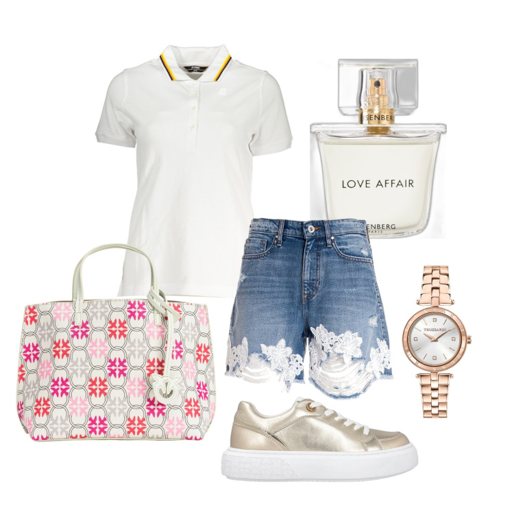Outfit donna - Dettaglio macramè. Stile Casual per Tutti i giorni. Abbinamento con orologi, profumi, sneakers, shopping bag, pantaloni corti, polo.