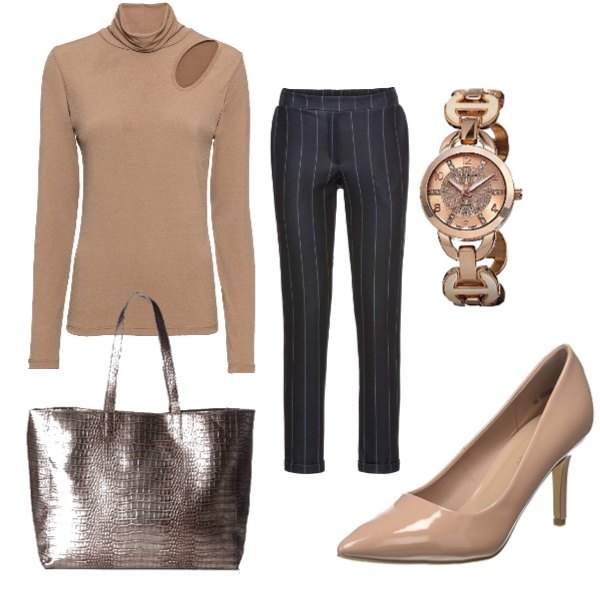 Outfit donna - Colori d’autunno. Stile Basic per Ufficio. Abbinamento con pantalone, maglia collo alto, scarpe col tacco avorio, orologio, borsa tote argento.