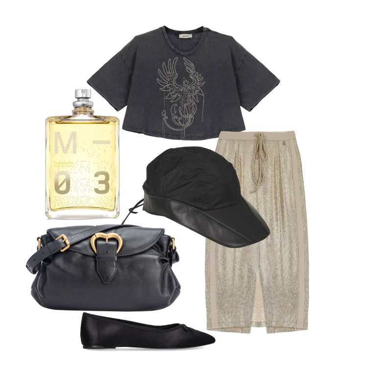 Outfit donna - Il cappello da monella. Stile Casual per Tutti i giorni. Abbinamento con cappelli con visiera, profumi, borse a spalla, gonne longuette, t-shirt, ballerine.