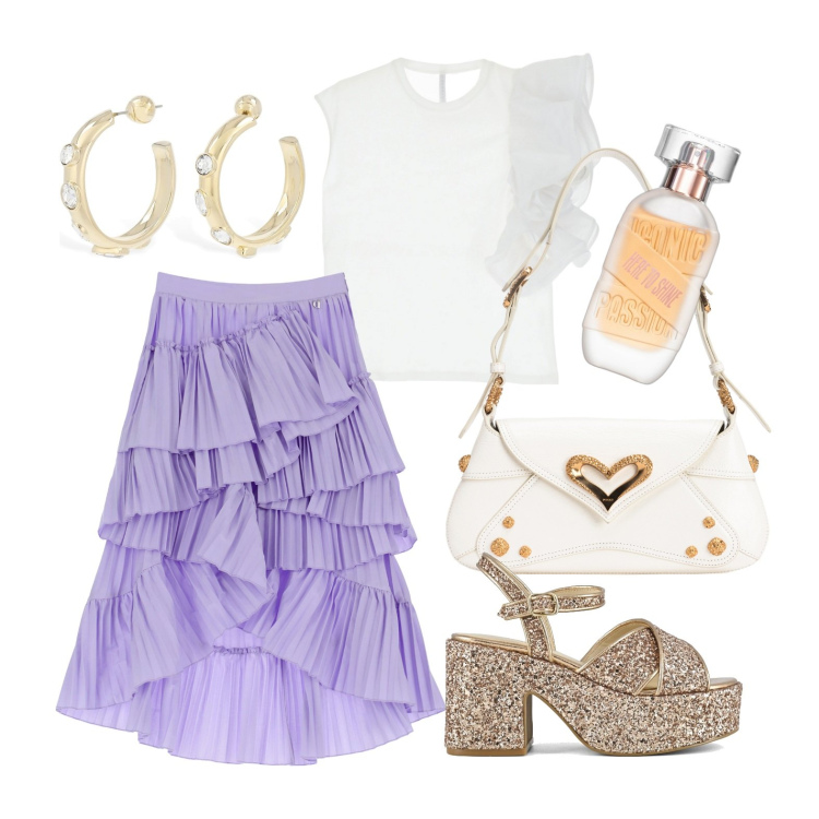 Outfit donna - Tutta una rouches. Stile Trendy per Tutti i giorni. Abbinamento con t-shirt, profumi, gonne longuette, borse a spalla, sandali, orecchini.