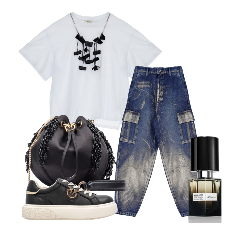 Outfit donna - Alla partita di pallavolo. Stile Casual per Tutti i giorni. Abbinamento con profumi, borse a cartella, sneakers, jeans, t-shirt.