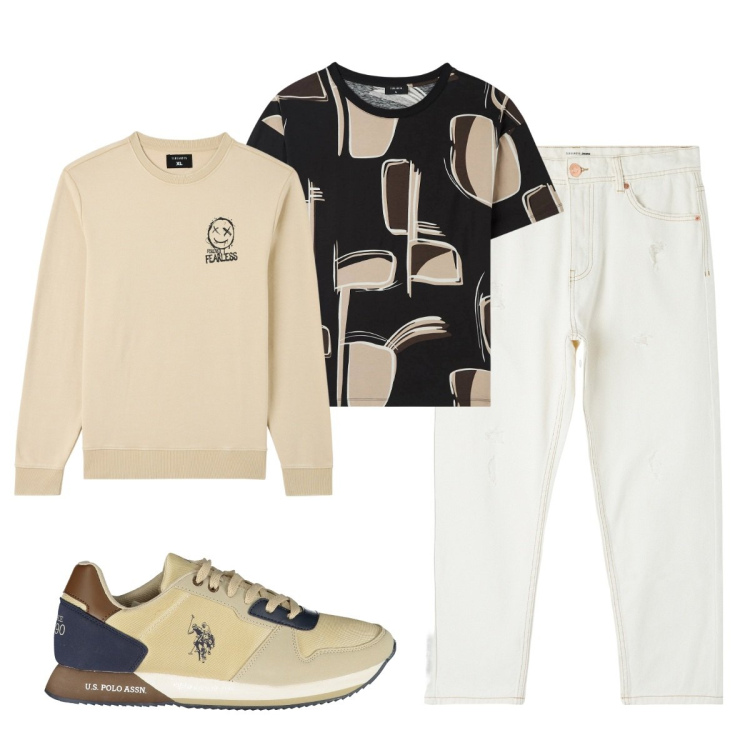Outfit uomo - Total look #1853331. Stile Trendy per Tutti i giorni. Abbinamento con jeans strappati, felpe, t-shirt, scarpe sportive.
