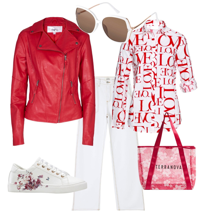 Outfit donna - Sporty chic rosso e bianco. Stile Sporty chic per Tutti i giorni. Abbinamento con sneakers, camicie, blazer, occhiali da sole, pantaloni, shopping bag.