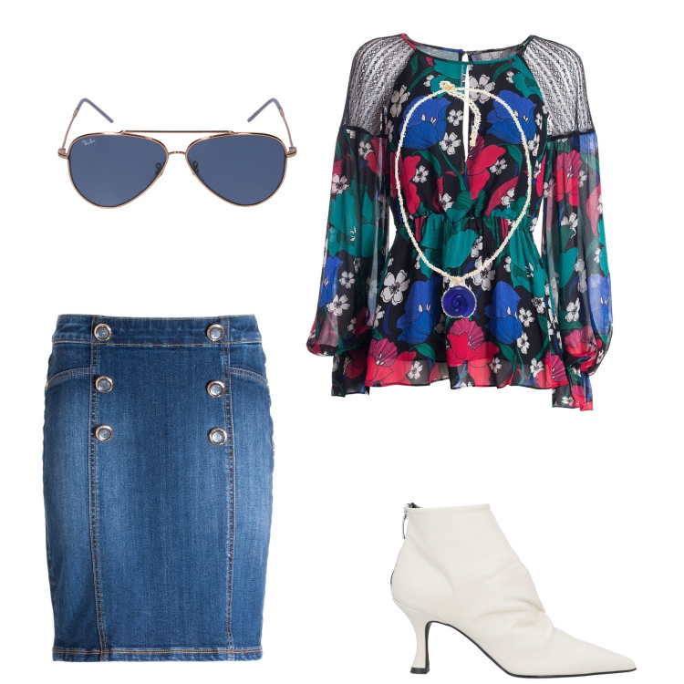 Outfit donna - Blusa primavera. Stile Romantica per Ufficio. Abbinamento con stivaletti, collane, gonne, bluse, occhiali da sole.