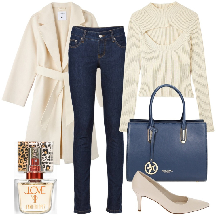 Outfit donna - Un pomeriggio in centro. Stile Casual chic per Tutti i giorni. Abbinamento con jeans skinny, profumi, cappotti, maglieria, décolleté, borse a mano.