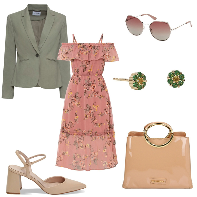 Outfit donna - Curvy spring. Stile Romantica per Tutti i giorni. Abbinamento con blazer, vestiti, orecchini, borse a mano, décolleté, occhiali da sole.