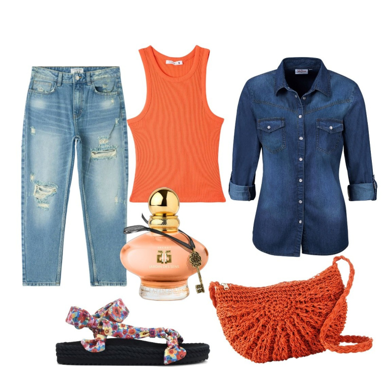 Outfit donna - La camicia in jeans aperta. Stile Casual per Tutti i giorni. Abbinamento con camicie, borse a tracolla, profumi, jeans mom, canottiere, sandali.