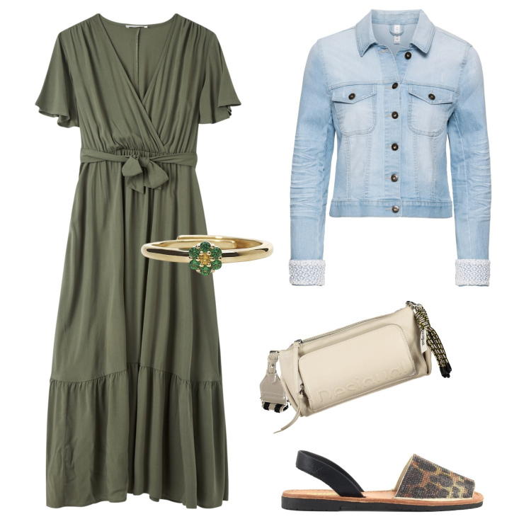 Outfit donna - Abito lungo bohémien. Stile Boho per Serata fuori. Abbinamento con blazer, vestiti lunghi, anelli, borse a spalla, sandali in pelle.