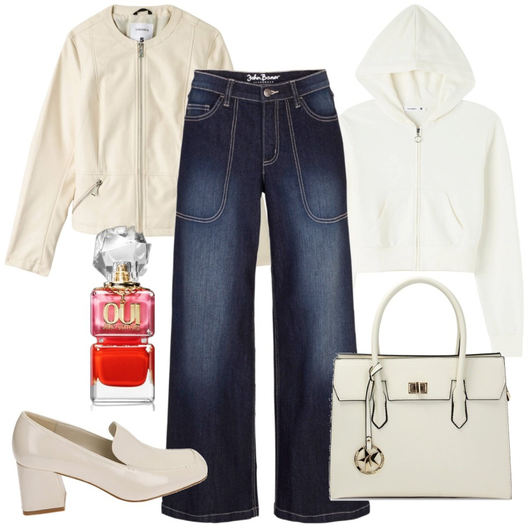 Outfit donna - Un pomeriggio in centro. Stile Casual chic per Tutti i giorni. Abbinamento con jeans, felpe con cappuccio, blazer, profumi, mocassini, borse a mano.