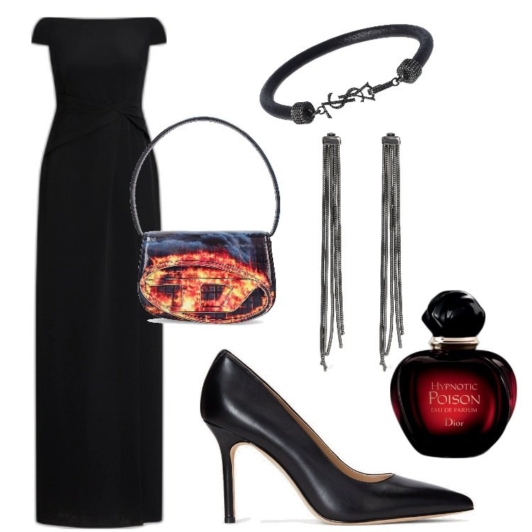Outfit donna - i\'m on fire. Stile Casual chic per Serata fuori. Abbinamento con profumi, décolleté, vestiti lunghi, orecchini, braccialetti, borse a spalla.