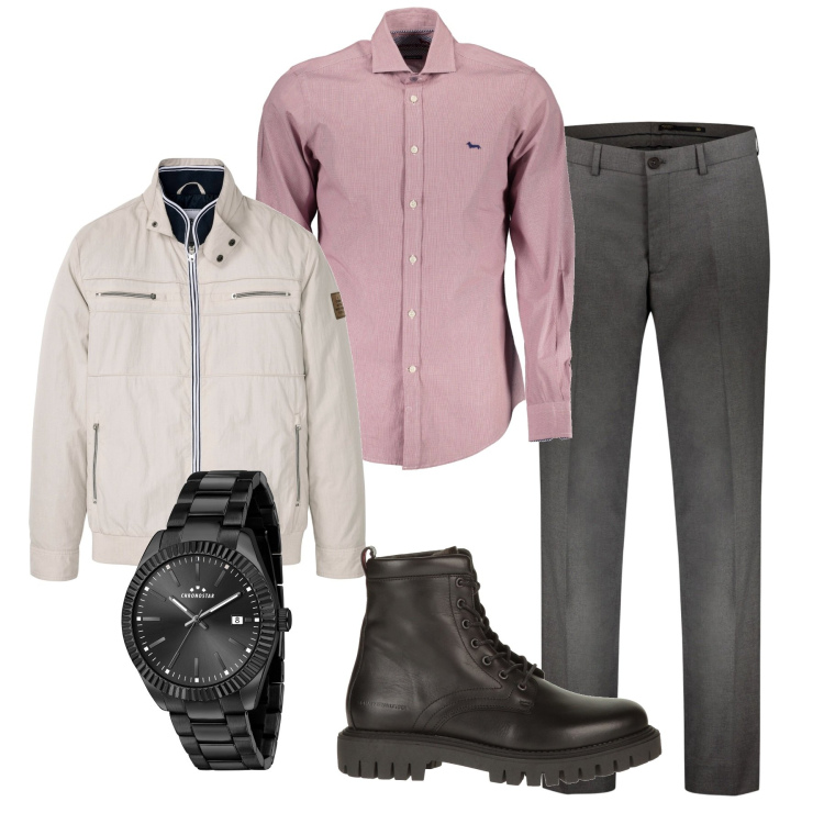 Outfit uomo - Rosa city. Stile Urban per Tutti i giorni. Abbinamento con giacche, anfibi, orologi, pantaloni, camicie.