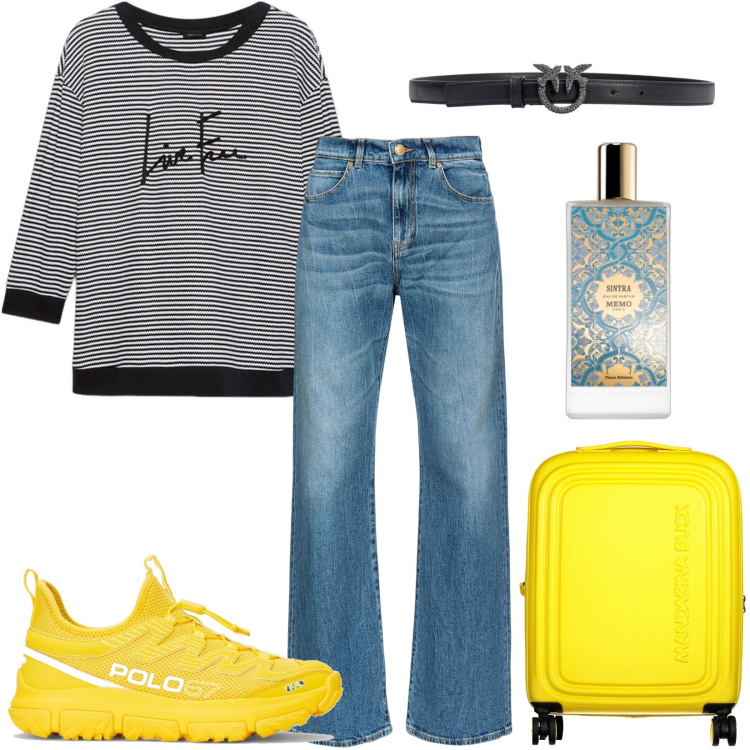 Outfit donna - Vacanza all\'estero. Stile Casual per Tutti i giorni. Abbinamento con profumi, jeans a zampa, cinture, sneakers, t-shirt, valigie.