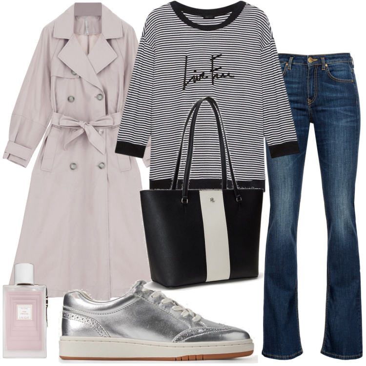 Outfit donna - Le sneakers metallizzate. Stile Casual per Tutti i giorni. Abbinamento con profumi, jeans, trench, scarpe sportive, borse tote, t-shirt.