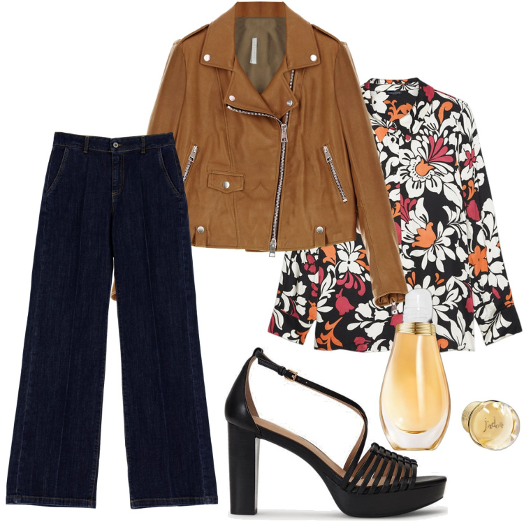 Outfit donna - Giornata trendy. Stile Casual per Tutti i giorni. Abbinamento con profumi, giacche, sandali in pelle, jeans dritti, camicie.