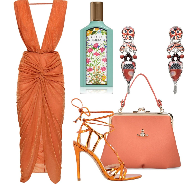 Outfit donna - Follie di agosto. Stile Glamour per Serata fuori. Abbinamento con orecchini, profumi, sandali in pelle, vestiti midi/longuette, borse a mano.