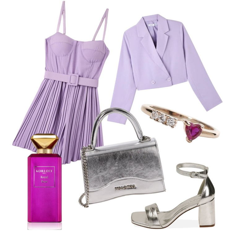 Outfit donna - Cerimonia in giardino. Stile Chic per Cerimonia. Abbinamento con profumi, tute, blazer, anelli, sandali col tacco, borse a mano.