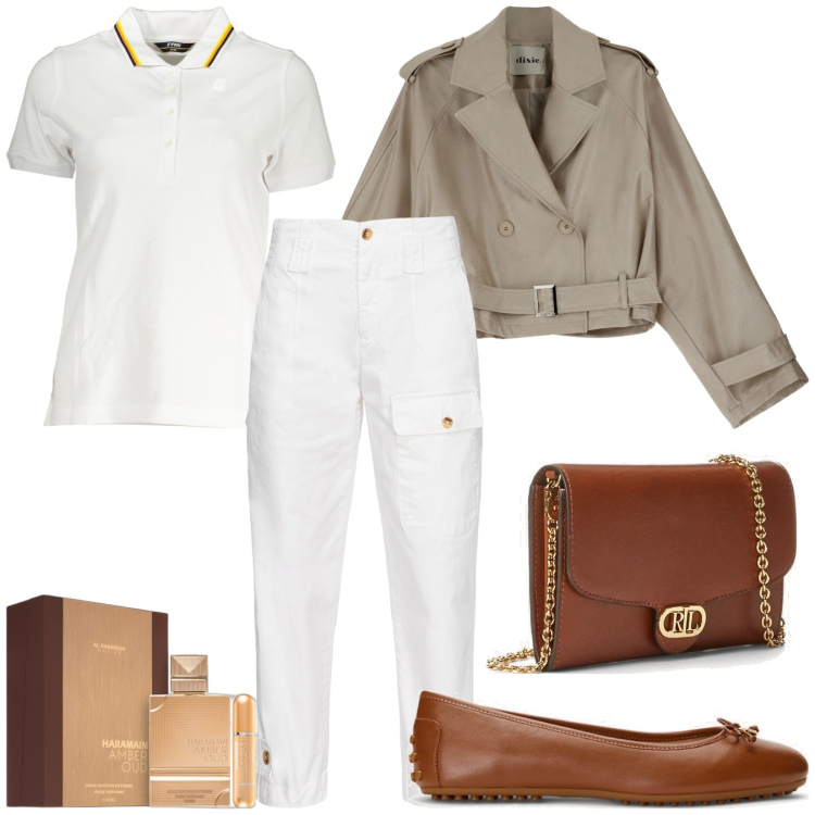 Outfit donna - Le ballerine chic. Stile Casual per Tutti i giorni. Abbinamento con profumi, pantaloni cargo, blazer, ballerine, borse a tracolla, polo.