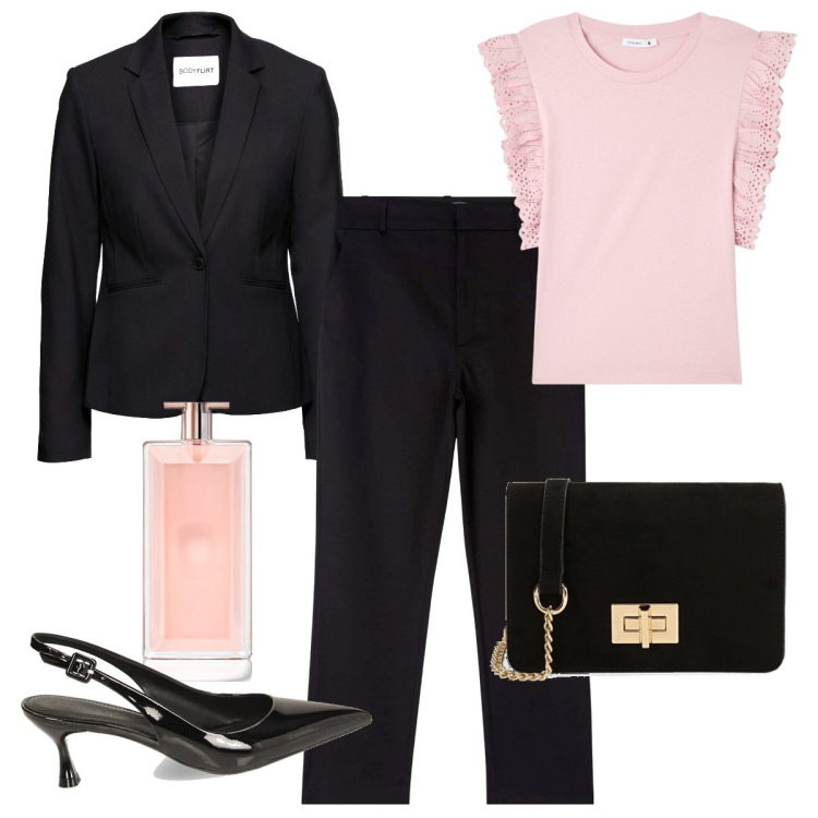 Outfit donna - La tracolla day-to-night. Stile Mannish per Ufficio. Abbinamento con blazer, profumi, pantaloni chino, t-shirt, borse a tracolla, décolleté.
