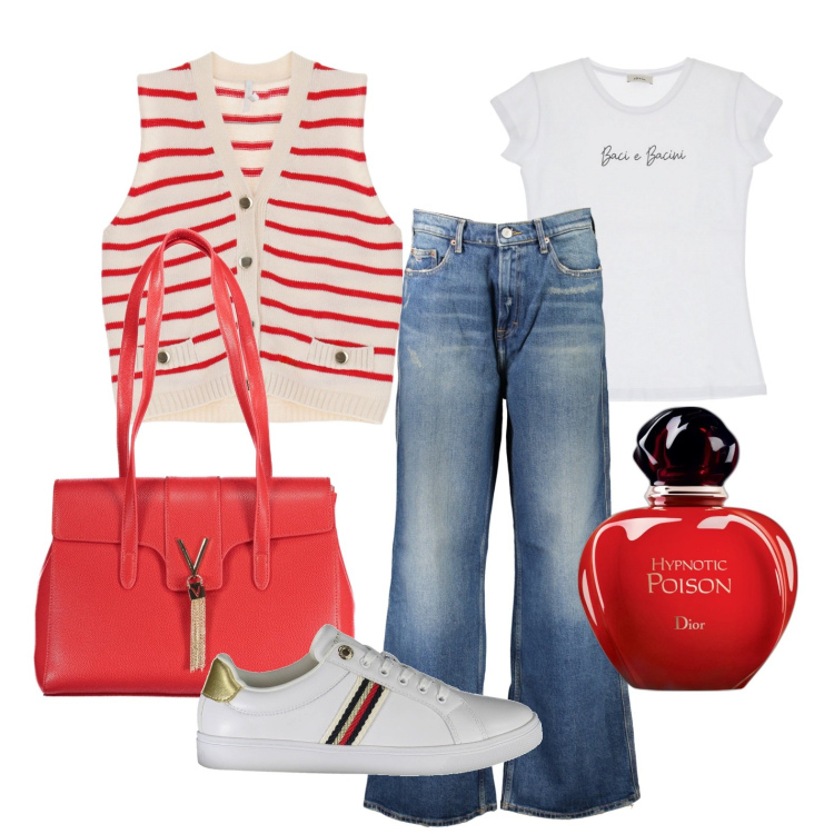 Outfit donna - Pezzi "classici". Stile Casual per Tutti i giorni. Abbinamento con profumi, gilet, t-shirt, scarpe sportive, borse a spalla, jeans.