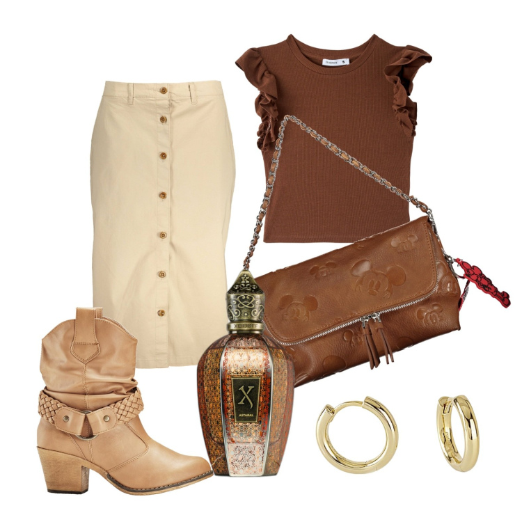 Outfit donna - Heart\'s lover. Stile Glamour per Tutti i giorni. Abbinamento con stivaletti texani, t-shirt, profumi, orecchini, gonne longuette, borse a spalla.