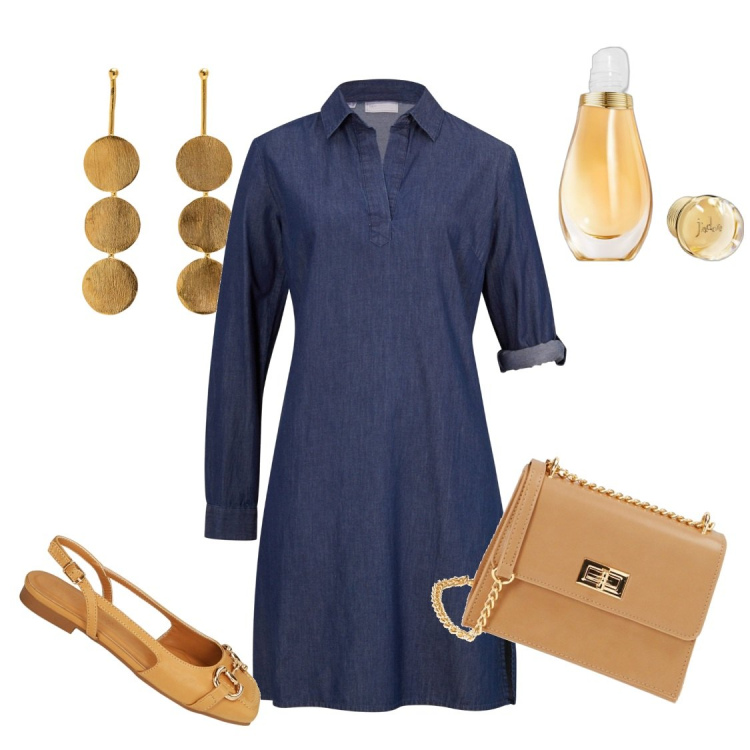 Outfit donna - Cambio solo Il vestito in serata. Stile Casual chic per Tutti i giorni. Abbinamento con vestiti, profumi, ballerine, borse a tracolla, orecchini.