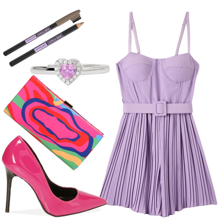 Outfit donna - Colorata nelle grigie giornate. Stile Trendy per Tutti i giorni. Abbinamento con eyeliner, tute, anelli, décolleté, pochette.