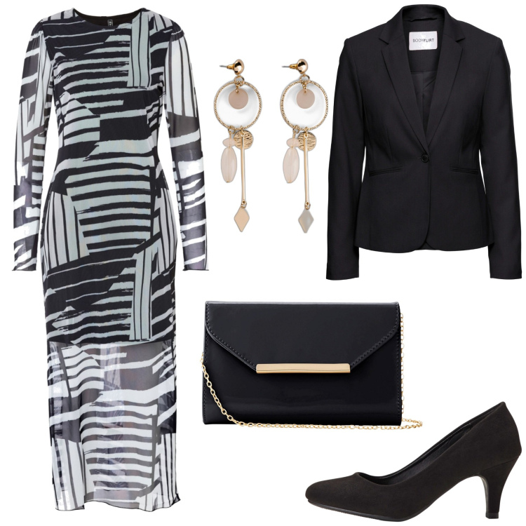 Outfit donna - Cerimonia curvy Bonprix. Stile Chic per Cerimonia. Abbinamento con blazer, décolleté, orecchini, vestiti, pochette.