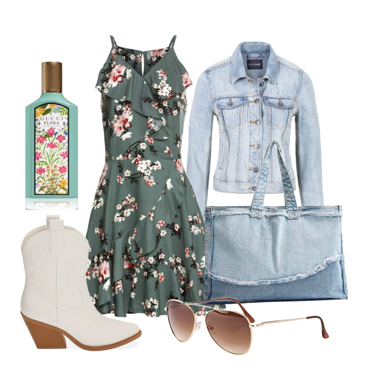Outfit donna - Primavera in denim e fiori. Stile Trendy per Tutti i giorni. Abbinamento con vestiti, occhiali da sole, giacche sportive, profumi, shopping bag, stivaletti texani.