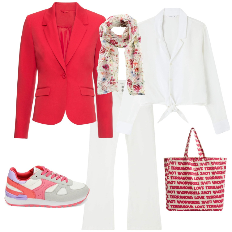 Outfit donna - Sporty chic in ufficio. Stile Sporty chic per Ufficio. Abbinamento con foulard, blazer, camicie, pantaloni, borse tote, sneakers.
