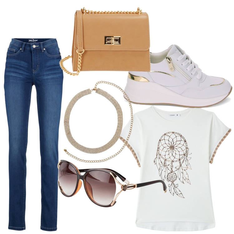 Outfit donna - Aperitivi d’estate. Stile Casual chic per Serata fuori. Abbinamento con jeans, occhiali da sole, t-shirt, collane, sneakers, borse a tracolla.