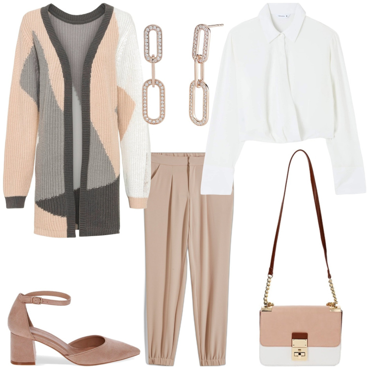 Outfit donna - Perfetta per ogni occasione. Stile Minimal per Tutti i giorni. Abbinamento con cardigans, pantaloni, bluse, orecchini, décolleté, borse a tracolla.