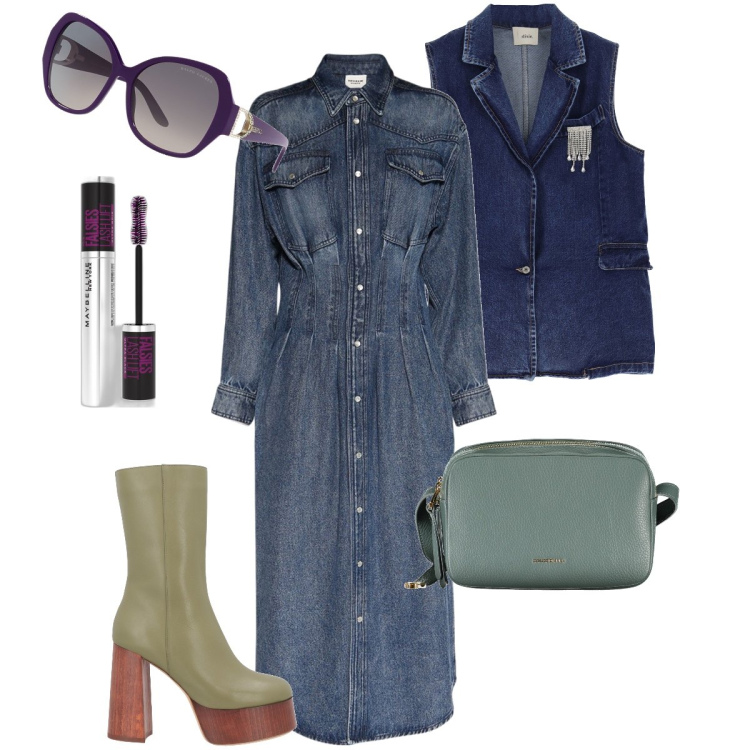 Outfit donna - Denim style. Stile Urban per Serata fuori. Abbinamento con stivaletti, mascara, gilet, occhiali da sole, vestiti, borse a tracolla.