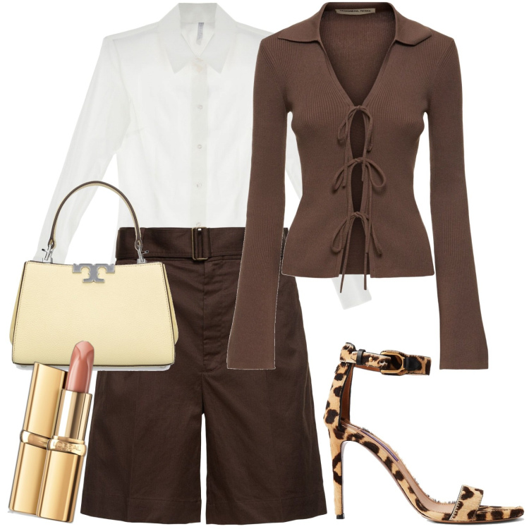 Outfit donna - Sandali con un motivo leopardato. Stile Sporty chic per Tutti i giorni. Abbinamento con rossetti, body, sandali col tacco, borse a mano, camicie, shorts.