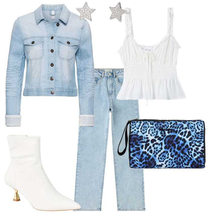 Outfit donna - Serata fuori sporty boho chic. Stile Sporty chic per Serata fuori. Abbinamento con blazer, jeans dritti, top, stivaletti, orecchini, valigie.