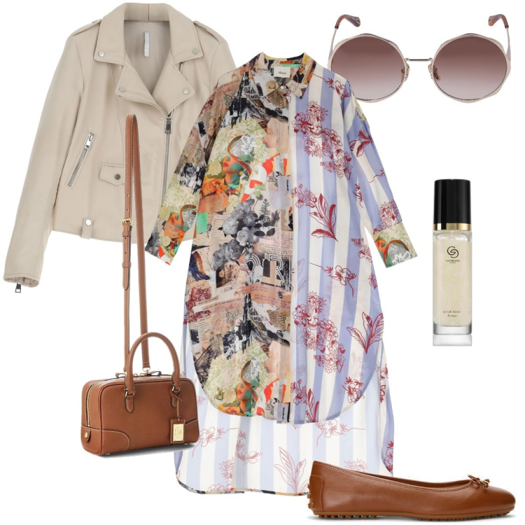 Outfit donna - Un abito a fantasia. Stile Trendy per Tutti i giorni. Abbinamento con primer, giacche, borse a mano, ballerine, vestiti corti, occhiali da sole.
