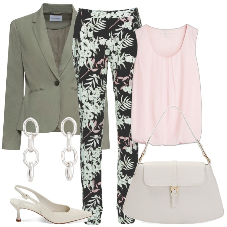 Outfit donna - La giacca verde salvia. Stile Casual chic per Tutti i giorni. Abbinamento con blazer, top, pantaloni, décolleté, borse a spalla, orecchini.