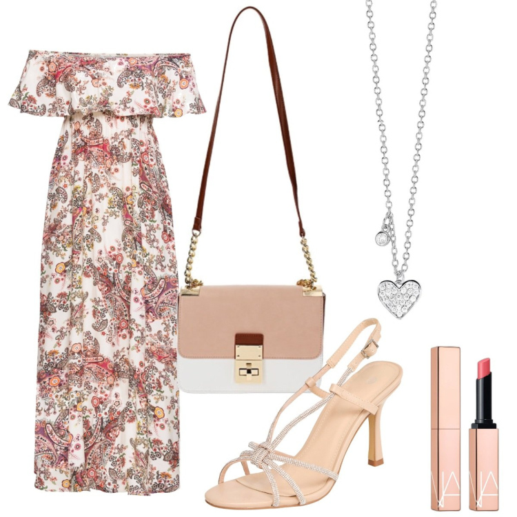 Outfit donna - Abito in viscosa, con spalle scoperte. Stile Romantica per Tutti i giorni. Abbinamento con vestiti corti, rossetti, sandali col tacco, collane, borse a tracolla.