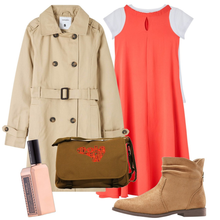 Outfit donna - Il trench provvidenziale. Stile Urban per Tutti i giorni. Abbinamento con stivaletti, profumi, trench, vestiti senza maniche, t-shirt, borse a spalla.